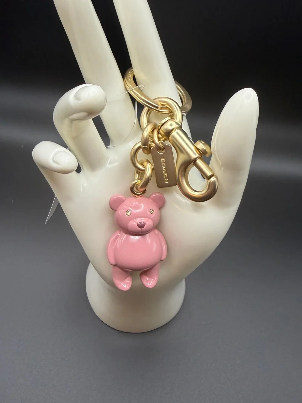 Coach Pink Bear Charm Key Ring with Gold Hardware